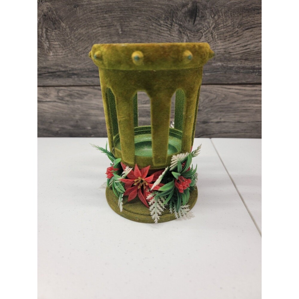Vintage 60s Christmas Flocked Felt Green Cathedral Candle